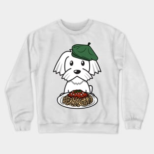 Cute white dog eating spaghetti Crewneck Sweatshirt